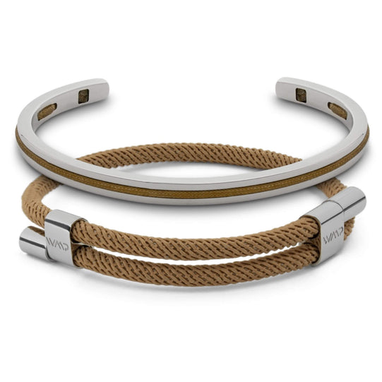 Desert Tan / Silver || Men's Adjustable Bracelet Set with Silver and Brown Details