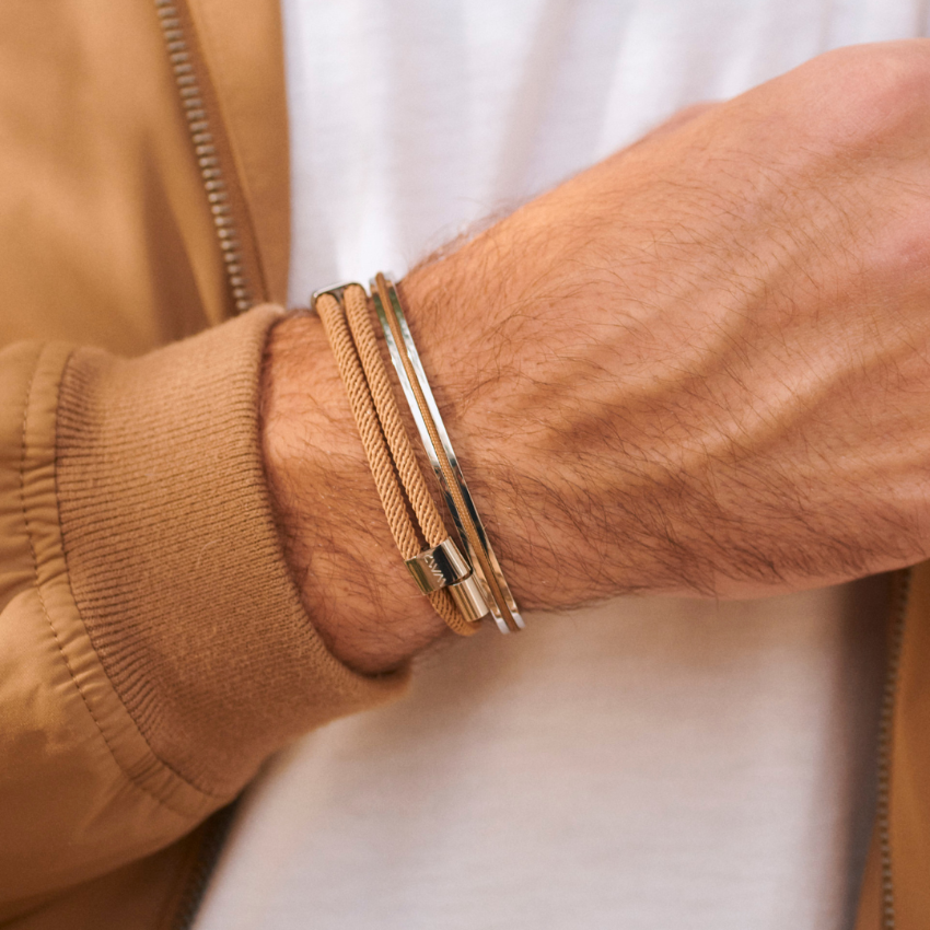 Desert Tan / Silver || Men's Adjustable Bracelet Set with Silver and Brown Details