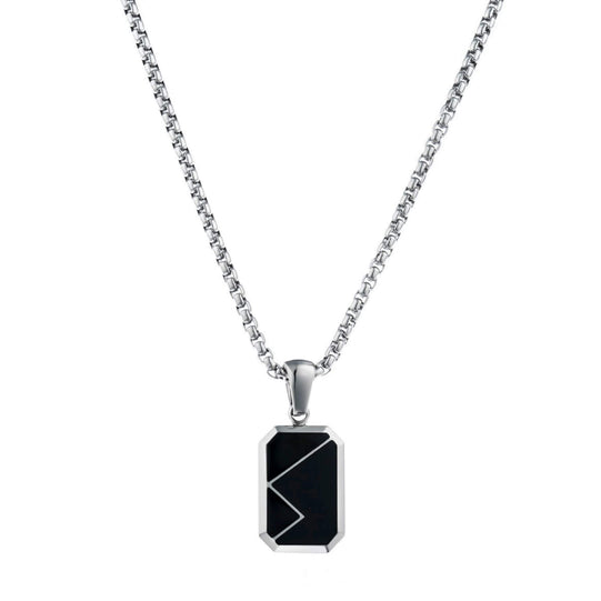 Silver / Dusk Black Pendant || Handmade Geometric Polished Silver Stainless Steel Rectangular Black Pendant Necklace