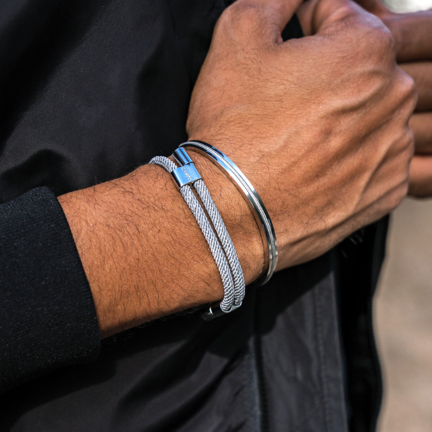 Stone Grey / Silver || Men's Adjustable Bracelet Set with Silver and Grey Details